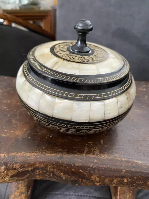 Vintage brass trinket box with Mother of Pearl lid and gold details