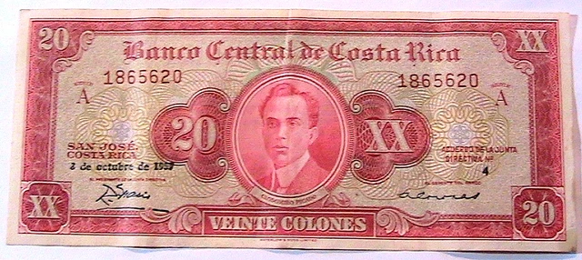 1957 Costa Rica 20 Colones Scarce  Ch VF+  Currency Banknote Paper Money p-222