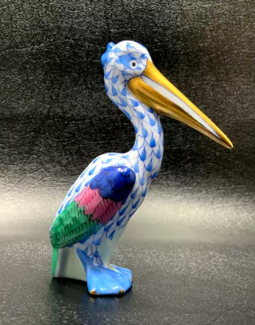 Herend Blue Pelican Fishnet 24k Gold Accents 5170/VHB 3.25” Hand Painted Hungary