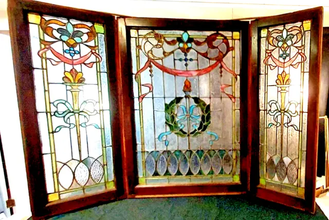 Beautiful Large Estate 1880 Set Of 3 Leaded Glass Windows Jeweled Flaming Torch