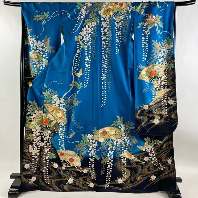 Japanese Kimono Furisode Pure Silk Folding Fan Moutan Gold And Silver paint Blue