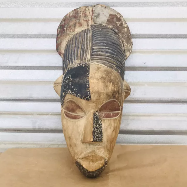Ghana African Hand-Carved Wood Tall Tribal Mask Geometric Decorative Wall Art
