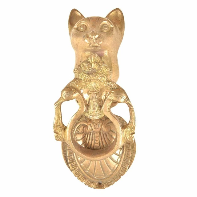 Handmade Brass Cat with Peacocks Door Knocker