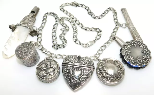 Victorian Replica REO 925 Sterling Silver Chatelaine 32" Chain Belt w 7 pcs