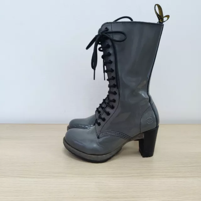 DR MARTENS DEE Grey Patent Leather Mid Calf Heel Chunky Diva Zip