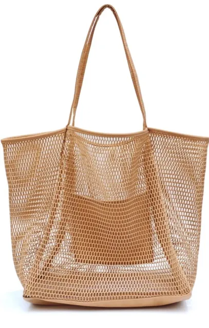 HOXIS Mesh Beach Tote Women's Shoulder Bag Large Minimalist Nude Purse Handbag