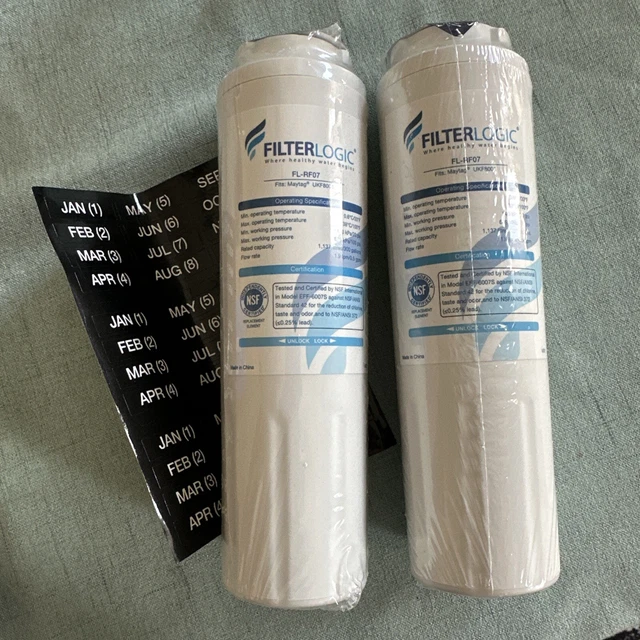 Juego de 2 filtros de agua Filterlogic FL-RF07 totalmente nuevos en paquete envoltura Maytag UKF8001