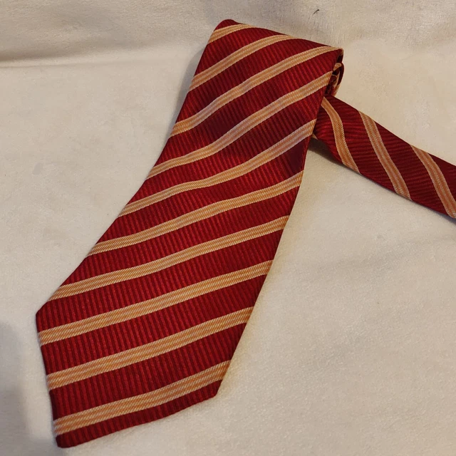 Valentino Cravate Men's Red Necktie 100% Silk Red Tan Stripes Made In Italy