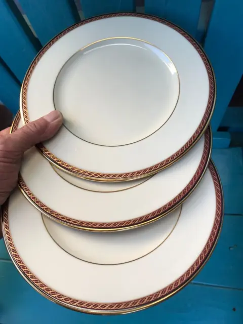 lenox china SET-OF-3 X 8 1/2" MONROE SALAD PLATES burgundy red bands with GOLD