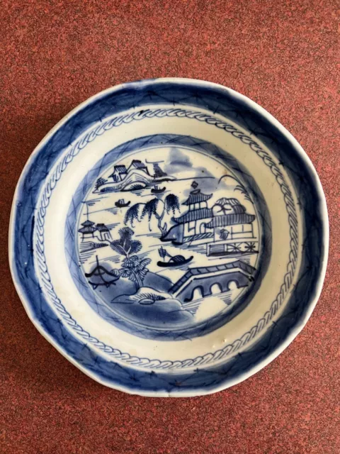 Antique Chinese Export Blue & White Porcelain Plate Tree/House Pattern Qianlong
