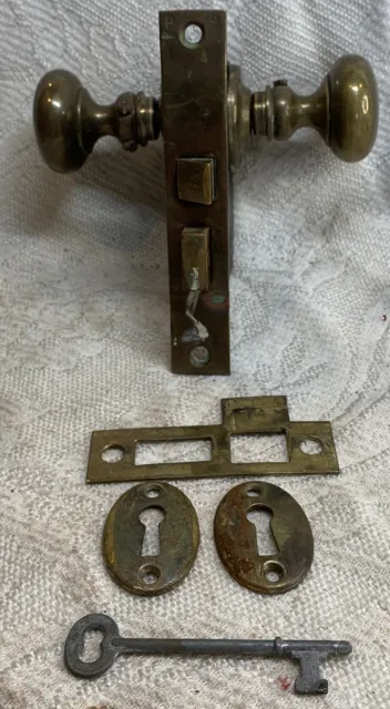 Antique Mortise Brass Door Hardware W/Working Skeleton Key, Door Knobs, Key Covr