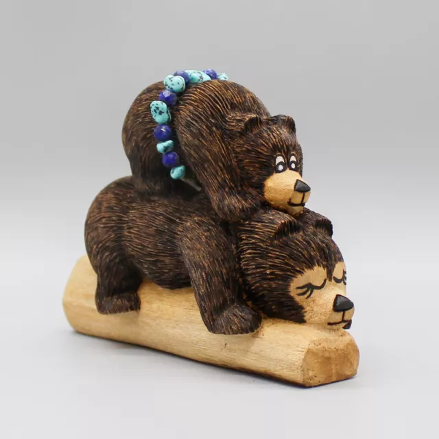 ZUNI FOLK ART-HAND CARVED COTTONWOOD TWO BEARS ON A LOG by ELISE WESTIKA