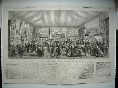 Engraving 1863. expo beaux-arts. view of the grand salon carre. official tables and b