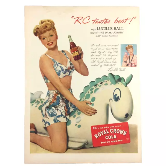 LUCY Lucille Ball RC Royal Crown Cola 1946 VTG PRINT AD Soda Beach Dark Corner