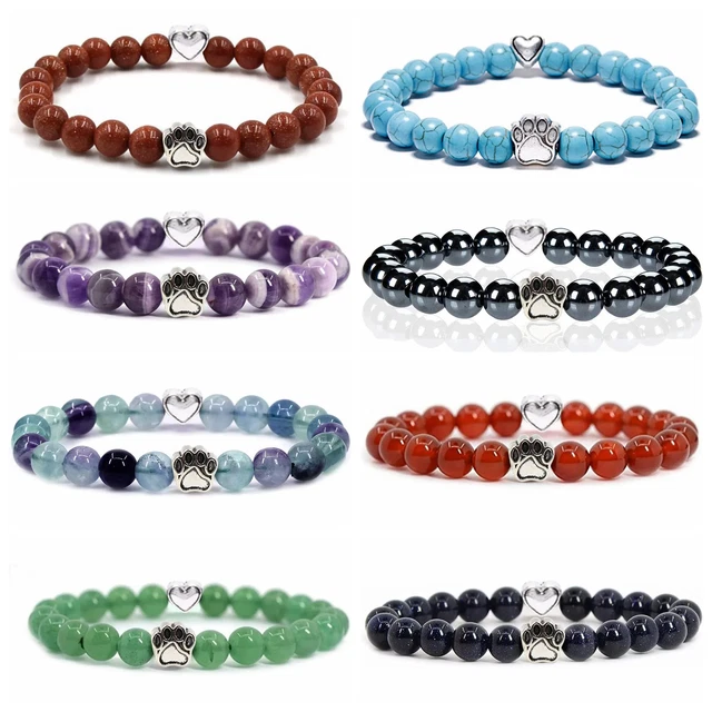 3PCS Elegant Silver Cat's Paw Bracelet Adorned with 8mm Natural Beads