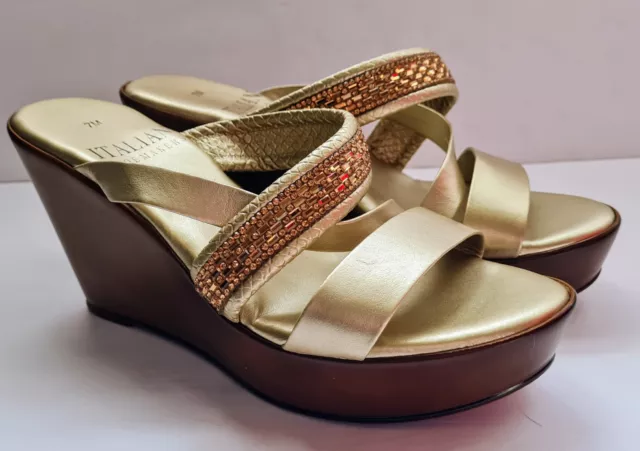 Italian Shoemakers Women's Gold Metallic Embellished Wedge Sandals Size 7