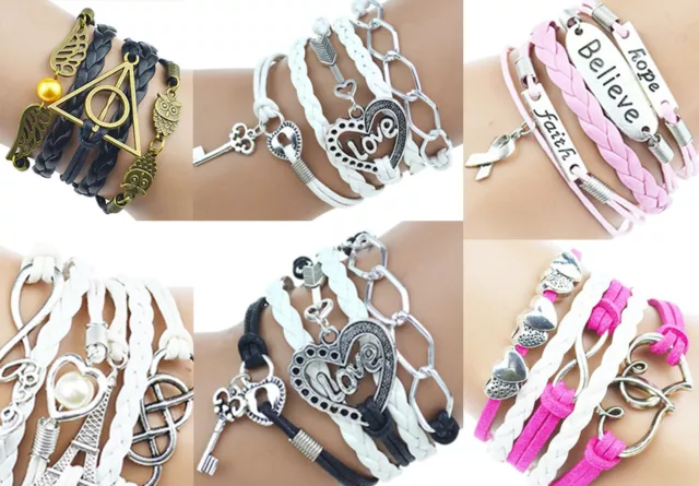 Bracciale pelle laccio intrecciato con infinito cuori e gufi / nero rosa bianco