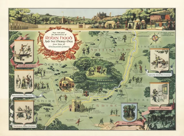 Map Robin Hood and His Merry Men Sherwood Forest Pictorial Wall Art Poster Print