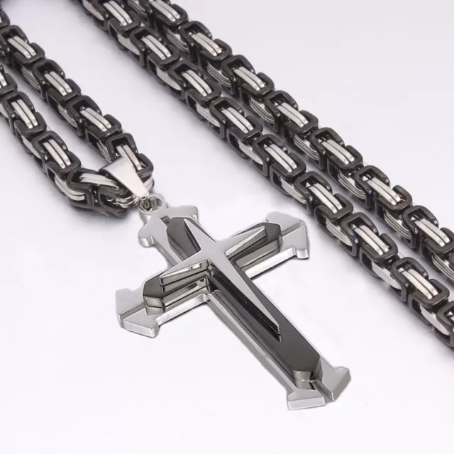 18-36'' Men Stainless Steel Cross Pendant Black Necklace Byzantine Box Necklace 2