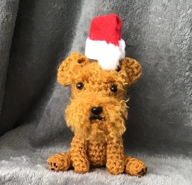 Airedale/Welsh Terrier Miniature  Crochet Dog Wearing A Christmas Hat