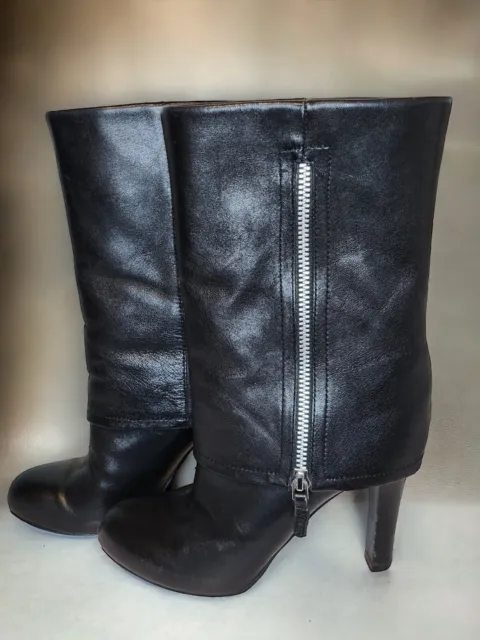 Franco Sarto Smooth Leather Mid-Calf Fold Over Zip-Up Boots Size 5.5 In Black