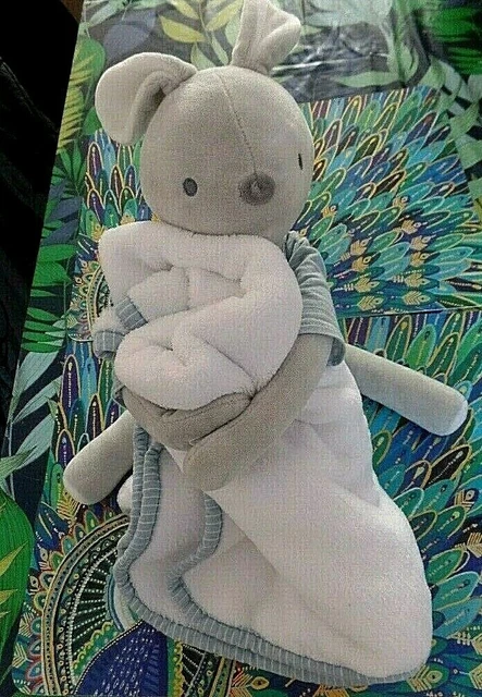 S10 / peluche doudou lapin gris tee-shirt rayé bleu + couverture blanc OBAIBI