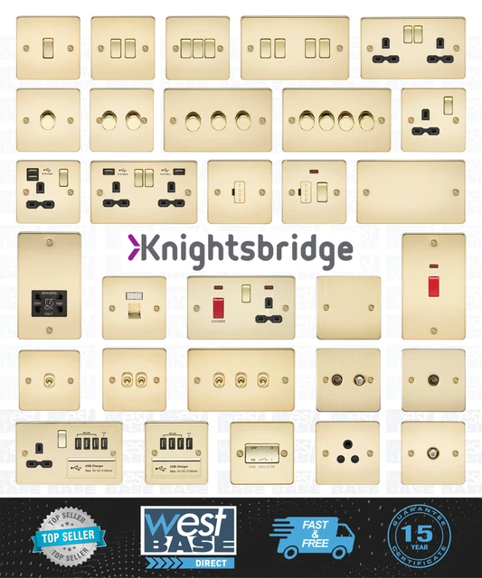 KNIGHTSBRIDGE POLISHED BRASS FLAT PLATE Switches & Sockets BLACK Insert