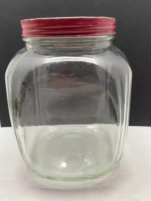 Vintage Hazel Atlas Glass Jar Red Metal Screw Lid Sellers Hoosier Cabinet Style