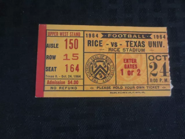 Texas Longhorns Football Ticket  VS Rice Owls Oct 24, 1964 #2    Creased