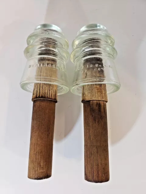 2Vintage Hemingray-17 Heavy Clear Glass Electric Insulator Paperweight, Pole Peg