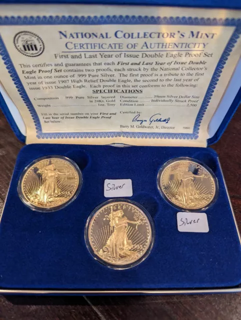 .999 National  Collectors  Mint Set 1907 1933 Copy 2 Coins 1 Oz 999 Silver COA!