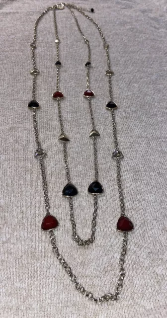 White House Black Market Silver Necklace Long Double Stranded with Gemstones