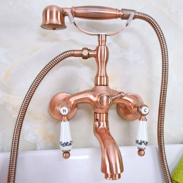 Red Copper Bathroom Wall Mount Clawfoot Bath Tub Faucet & Handheld Shower ana313