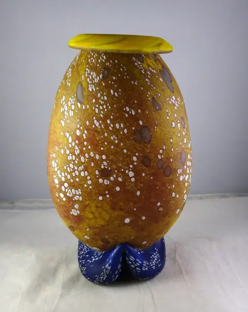 3-Lobed Signed Studio Art Glass Vase Mottled Brown w/Yellow Rim & Blue Foot