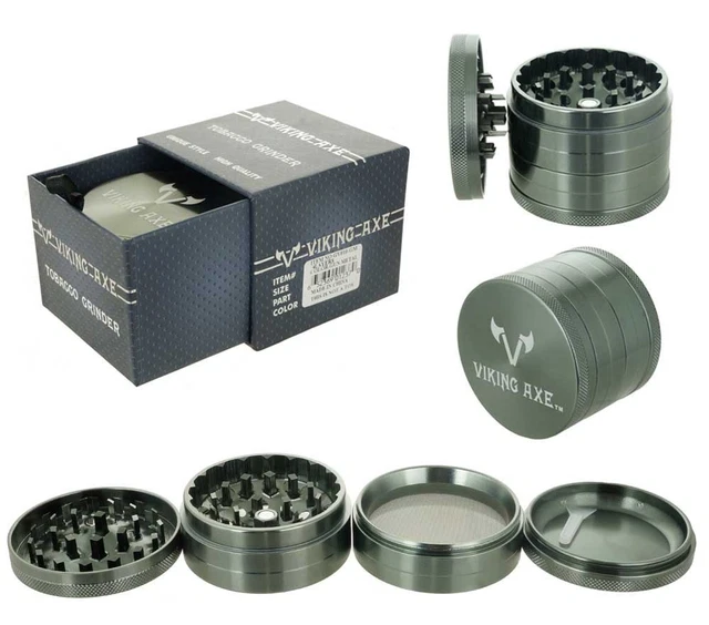 2.5" 63mm VIKING AXE Aluminum 4 Piece Grinder w/ 4 Layer Teeth Gift Box Gunmetal