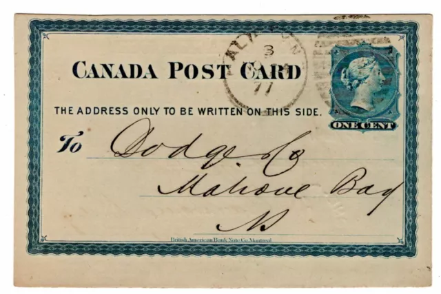 Halifax N.s. Duplex Type 2 -Indicia 3 On Canada Post Card-Late Date Nov. 24 1877