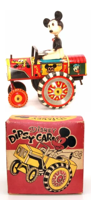 DISNEY MICKEY MOUSE "DIPSY CAR" TIN LITHO WIND-UP TOY + REPO BOX -mfg by LINEMAR