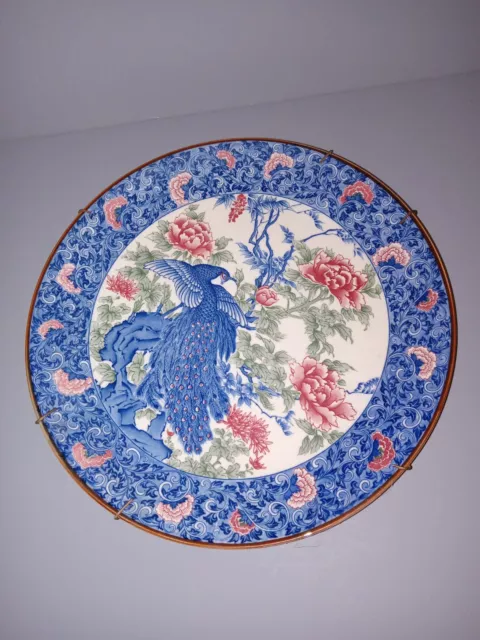 Vintage Japanese Collectors Wall Plate Blue Peacock 12.5" Porcelain
