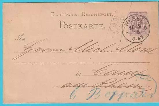 Deutsches Reich 1880 Ganzsache P10 Postkarte für das Inland Boppard WESEL