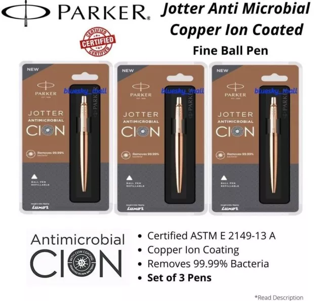 3 penne a sfera Parker Jotter con rivestimento antimicrobico agli ioni di...