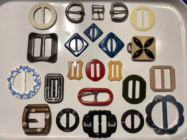 Lot of 23 Vintage Bakelite Metal Plastic Art Deco Scarf Slides Belt Buckles