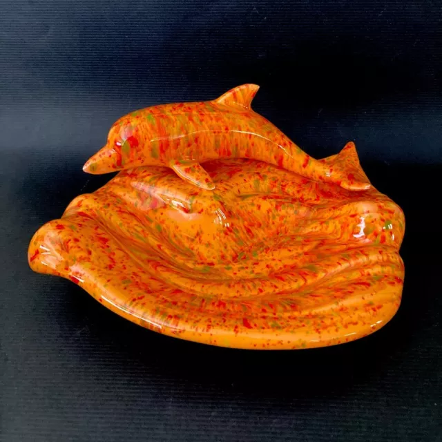 Vintage Mid Century Modern MCM Retro Large Ceramic Orange Speckle Dolphin Dish