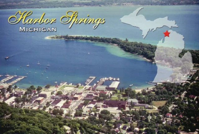 Aerial View of Harbor Springs Michigan, Little Traverse Bay, Boats etc. Postcard