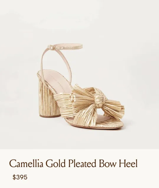 LOEFFLER RANDALL CAMELLIA Gold Pleated Bow Heel Sandals New $395 Retail ...