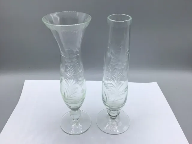 Pair of 7" vintage etched glass bud vases - flowers with decorative rims