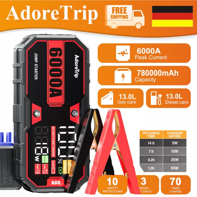 AdoreTrip Auto KFZ Starthilfe 78000mAh 6000A Jump Starter Powerbank Booster Box