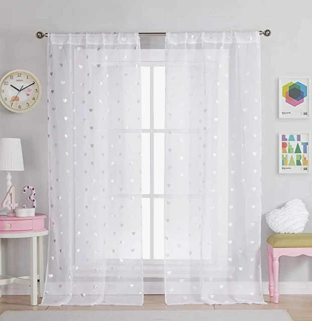 Lala + Bash Kids Kellyann 37x96" silver heart curtain Set of 2 in White NEW