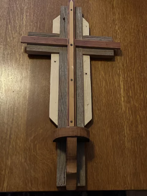 Large Hand Made Rustic Layered Barn Wood Religious CROSS w Small Shelf for Figur