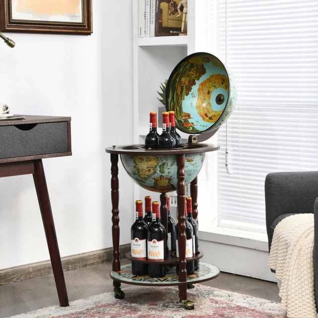 17" Globe Wine Bar Stand | 16th Century Italian Map | Liquor Bottle Shelf Cart