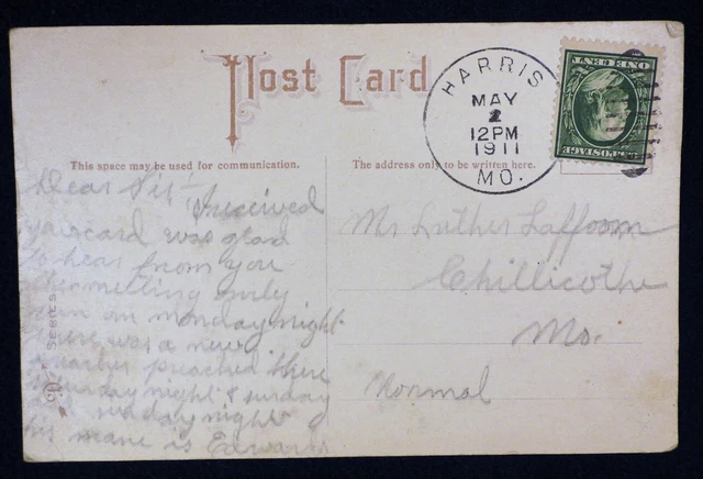 Vtg 1910s DPO Dead Post Office Greeting POSTCARD 1911 Harris Missouri Postmark
